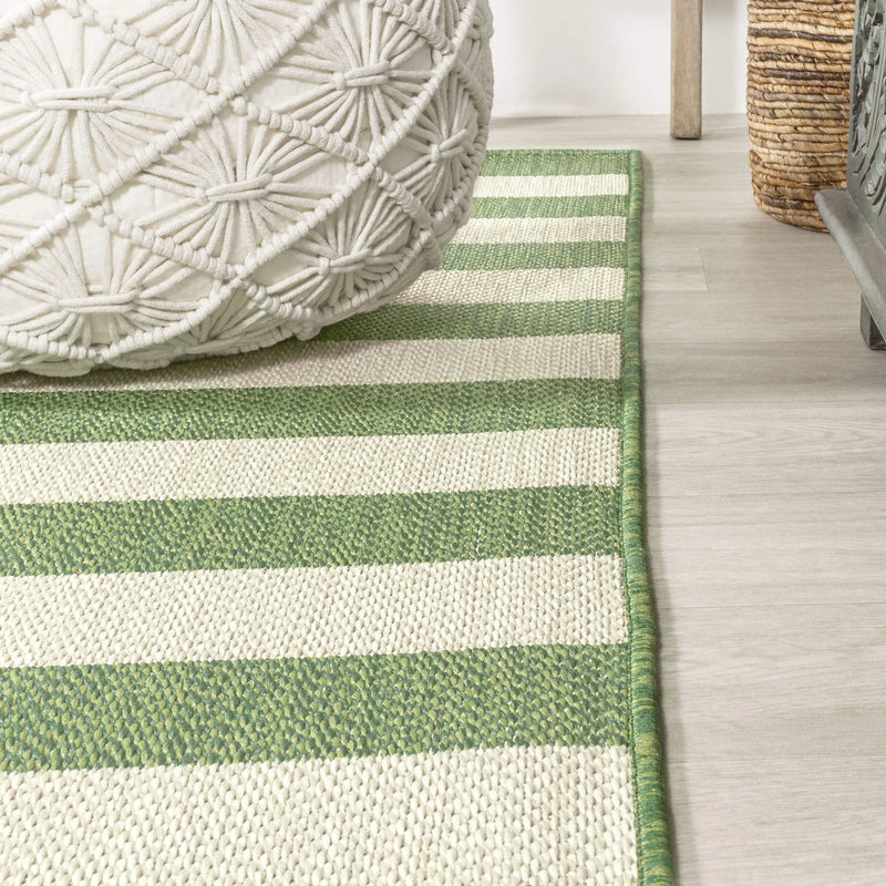 8' Green And Cream Striped Indoor Outdoor Runner Rug - GreatEagleInc