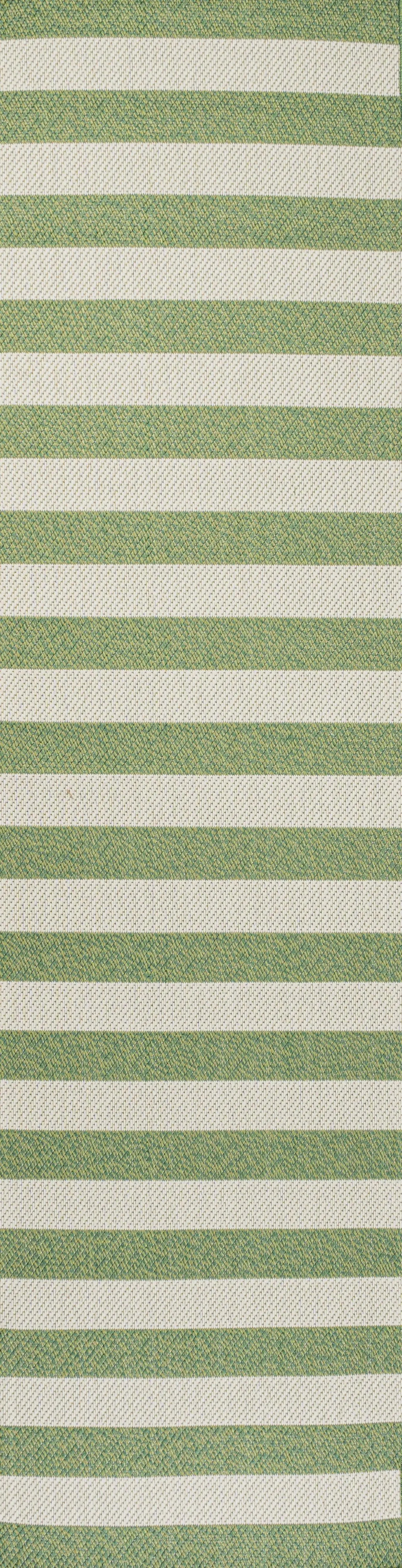 8' Green And Cream Striped Indoor Outdoor Runner Rug - GreatEagleInc
