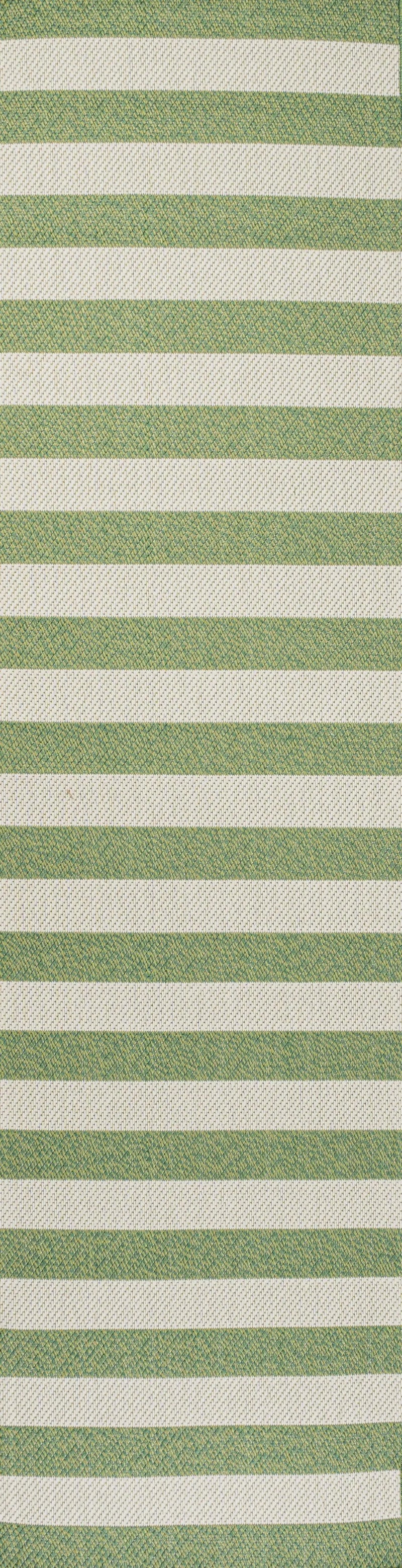 8' Green And Cream Striped Indoor Outdoor Runner Rug - GreatEagleInc