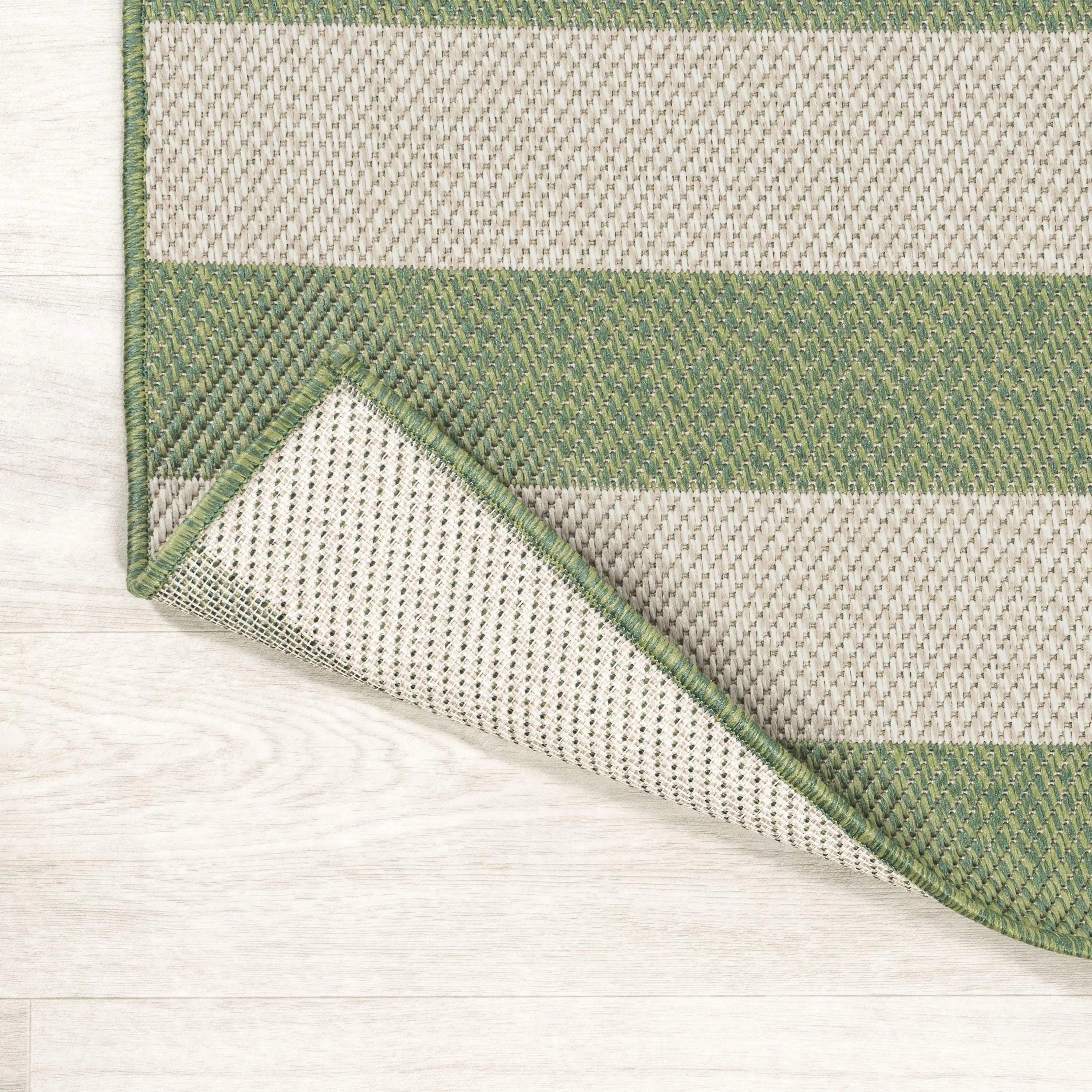 8' Green And Cream Striped Indoor Outdoor Runner Rug - GreatEagleInc