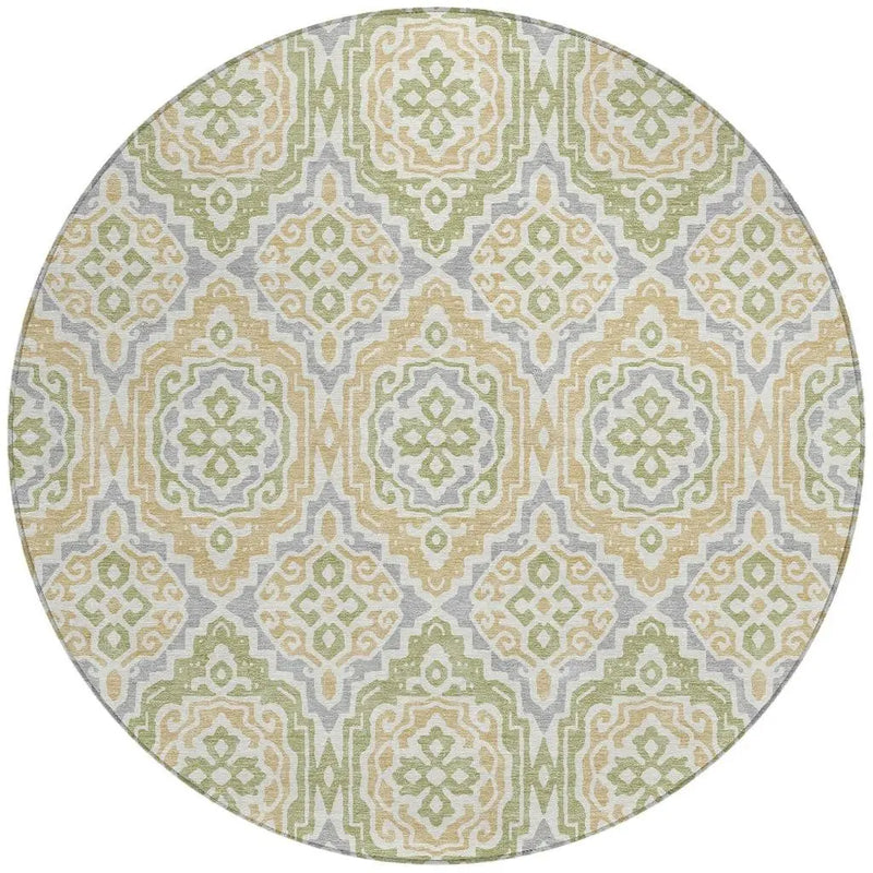 8' Green And Denim Blue Round Tribal Washable Indoor Outdoor Area Rug Homeroots Outdoor