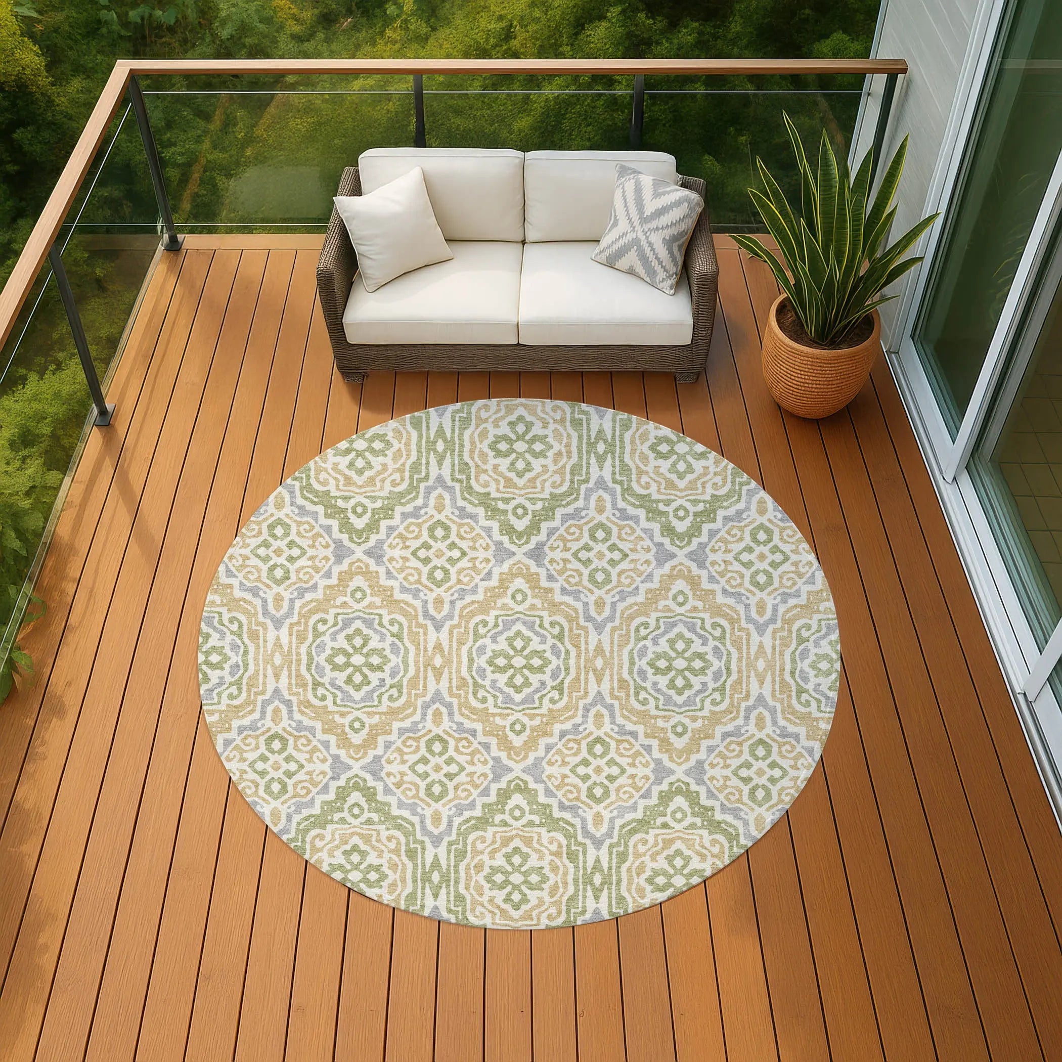 8' Green And Denim Blue Round Tribal Washable Indoor Outdoor Area Rug Homeroots Outdoor