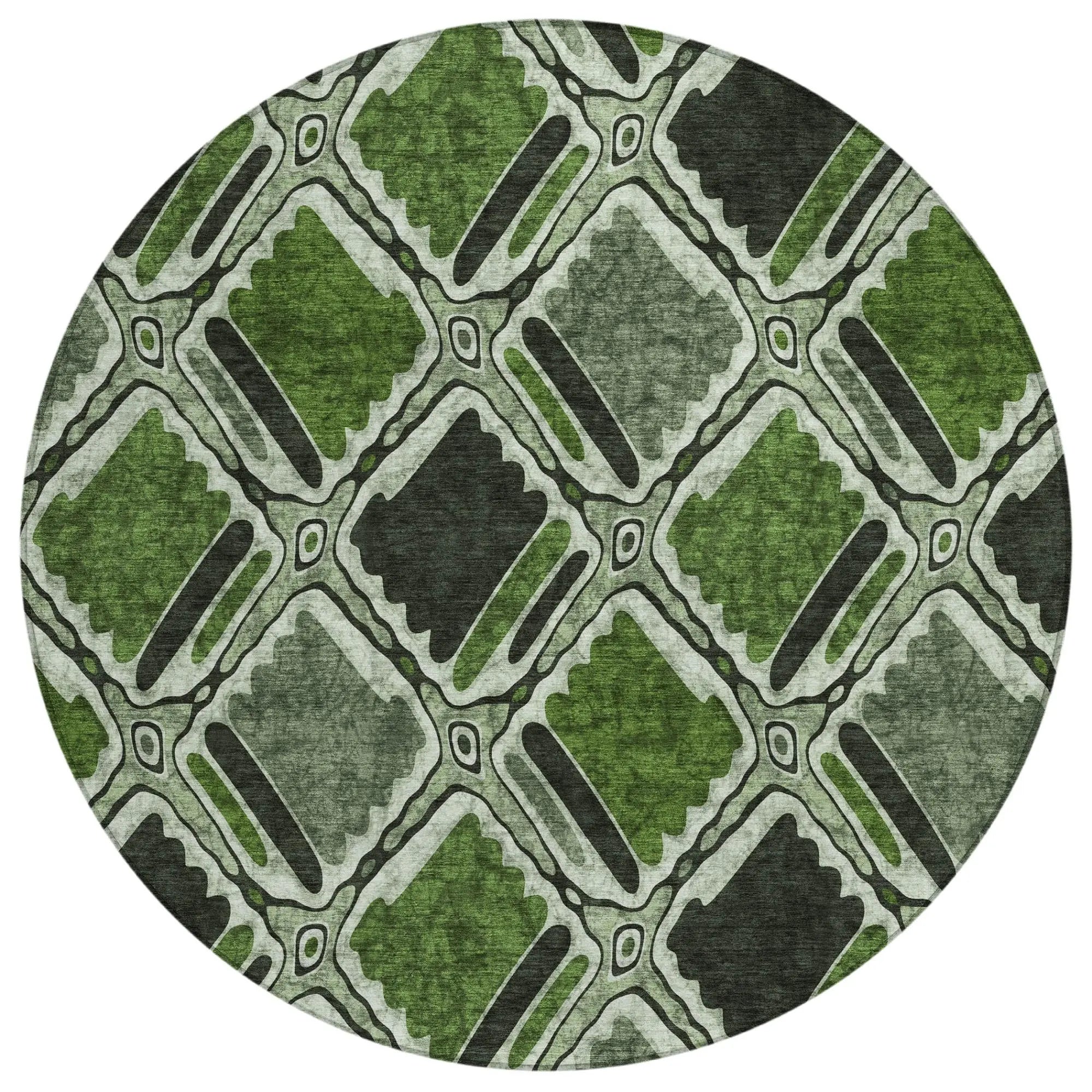 8' Green And Emerald Round Geometric Washable Indoor Outdoor Area Rug Homeroots Outdoor