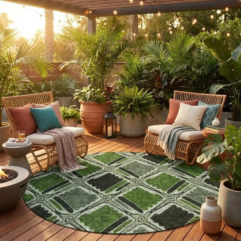 8' Green And Emerald Round Geometric Washable Indoor Outdoor Area Rug Homeroots Outdoor