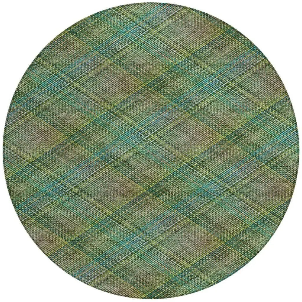 8' Green And Emerald Round Plaid Washable Indoor Outdoor Area Rug Homeroots Outdoor