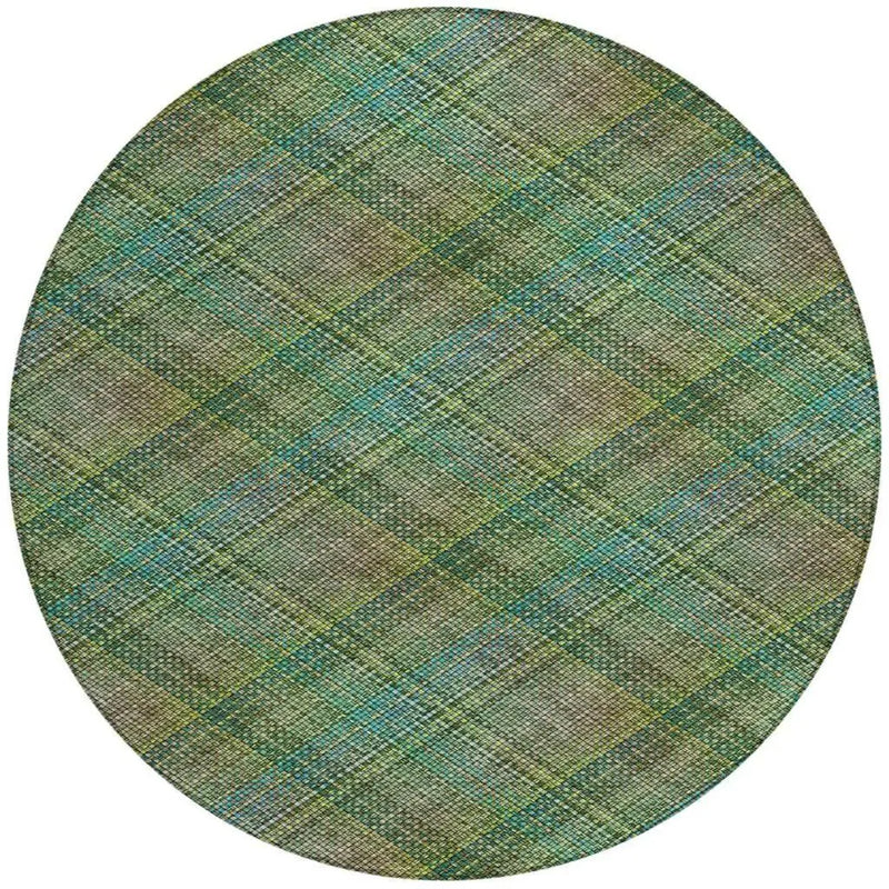 8' Green And Emerald Round Plaid Washable Indoor Outdoor Area Rug Homeroots Outdoor
