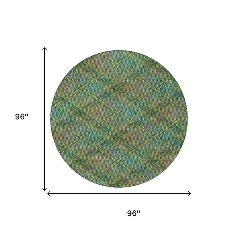 8' Green And Emerald Round Plaid Washable Indoor Outdoor Area Rug Homeroots Outdoor