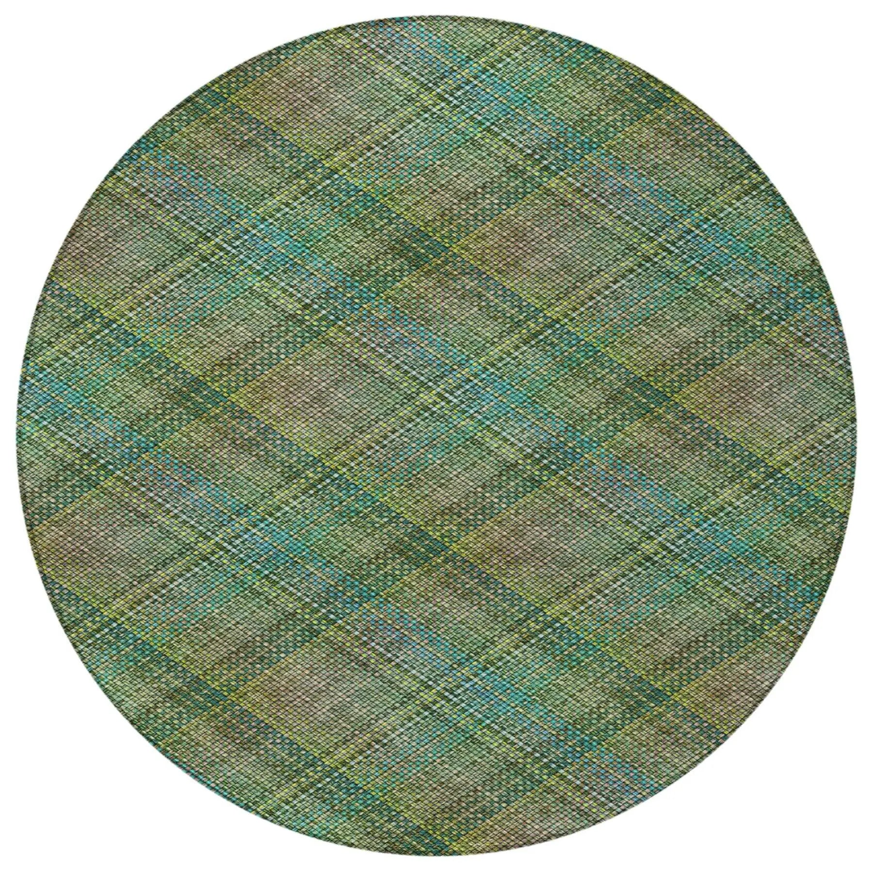 8' Green And Emerald Round Plaid Washable Indoor Outdoor Area Rug Homeroots Outdoor