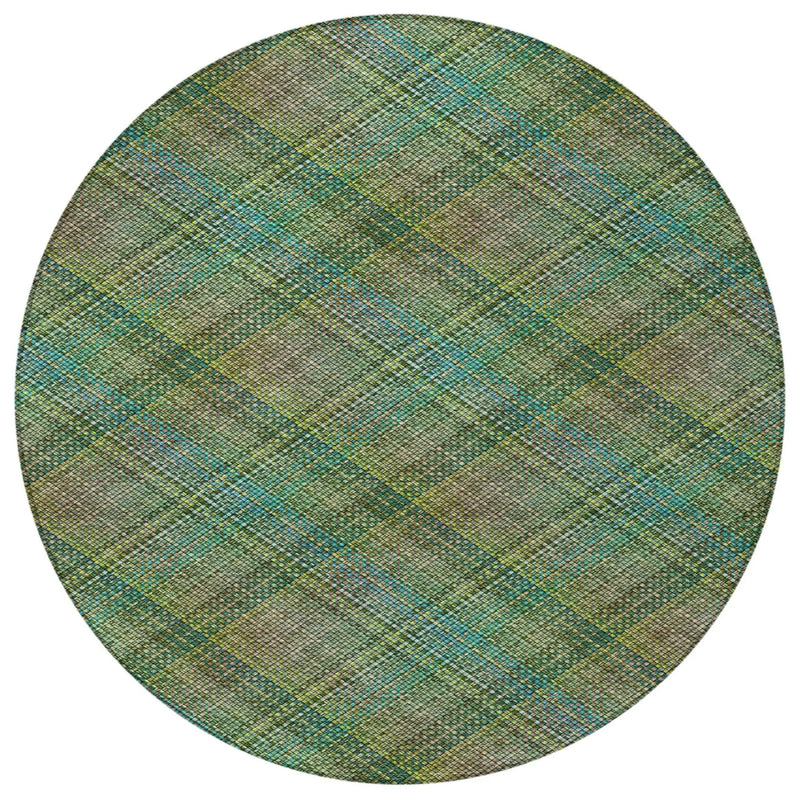 8' Green And Emerald Round Plaid Washable Indoor Outdoor Area Rug Homeroots Outdoor