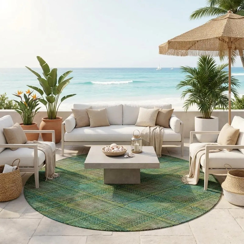 8' Green And Emerald Round Plaid Washable Indoor Outdoor Area Rug Homeroots Outdoor
