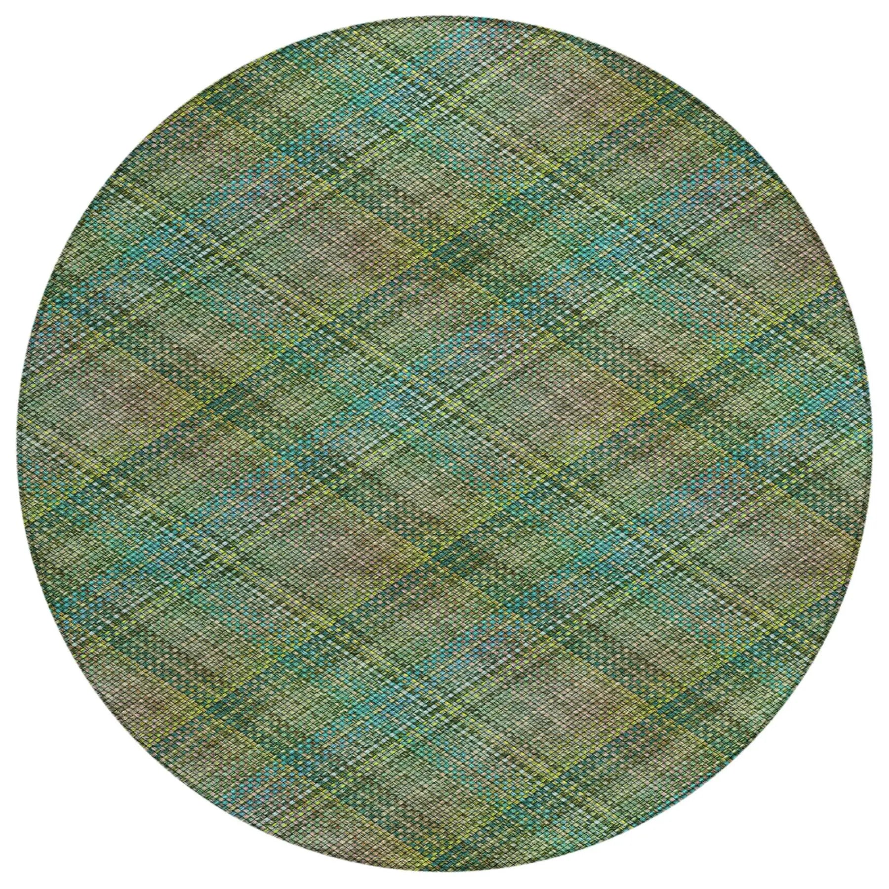8' Green And Emerald Round Plaid Washable Indoor Outdoor Area Rug Homeroots Outdoor