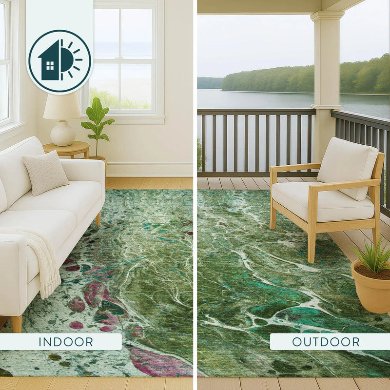 8' Green And Fern Green Round Abstract Washable Indoor Outdoor Area Rug Homeroots Outdoor