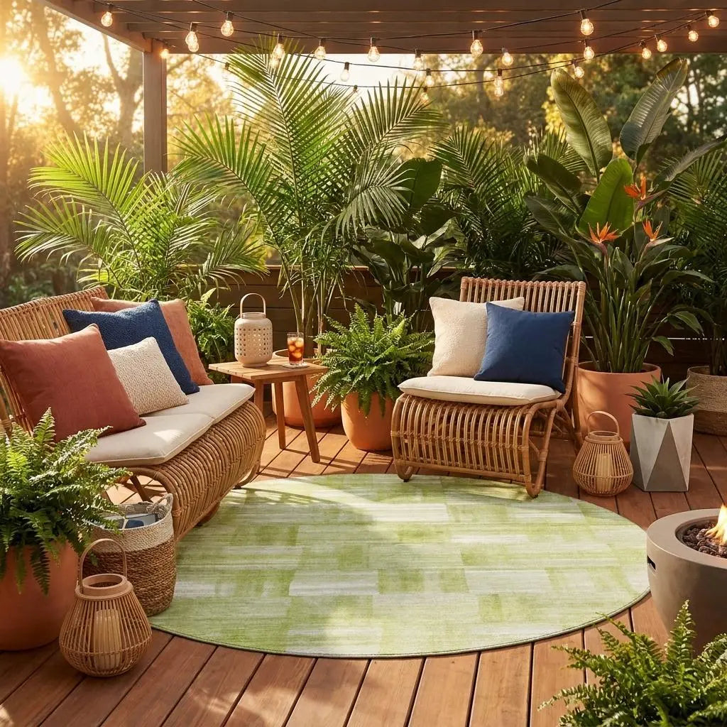 8' Green And Fern Green Round Striped Washable Indoor Outdoor Area Rug Homeroots Outdoor