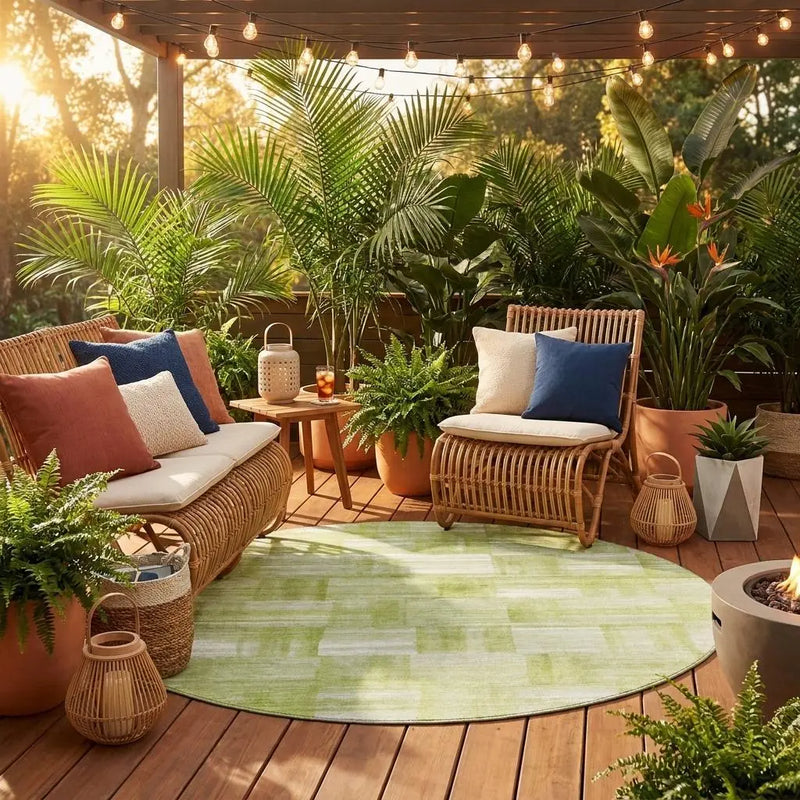 8' Green And Fern Green Round Striped Washable Indoor Outdoor Area Rug Homeroots Outdoor