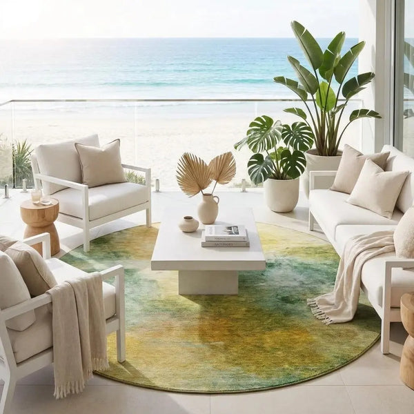 8' Green And Gold Round Abstract Washable Indoor Outdoor Area Rug Homeroots Outdoor