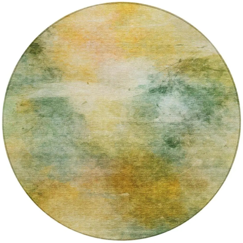8' Green And Gold Round Abstract Washable Indoor Outdoor Area Rug Homeroots Outdoor