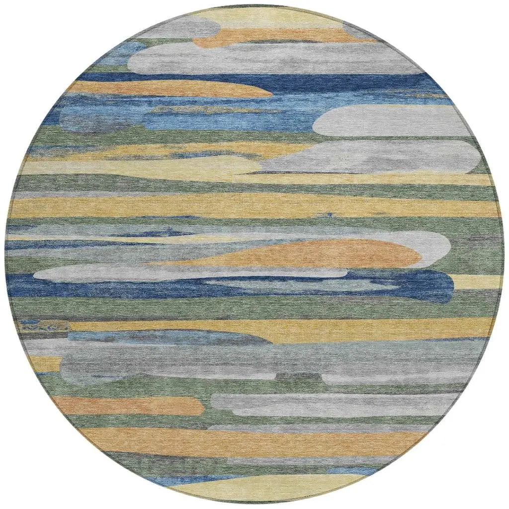 8' Green And Gold Round Abstract Washable Indoor Outdoor Area Rug Homeroots Outdoor