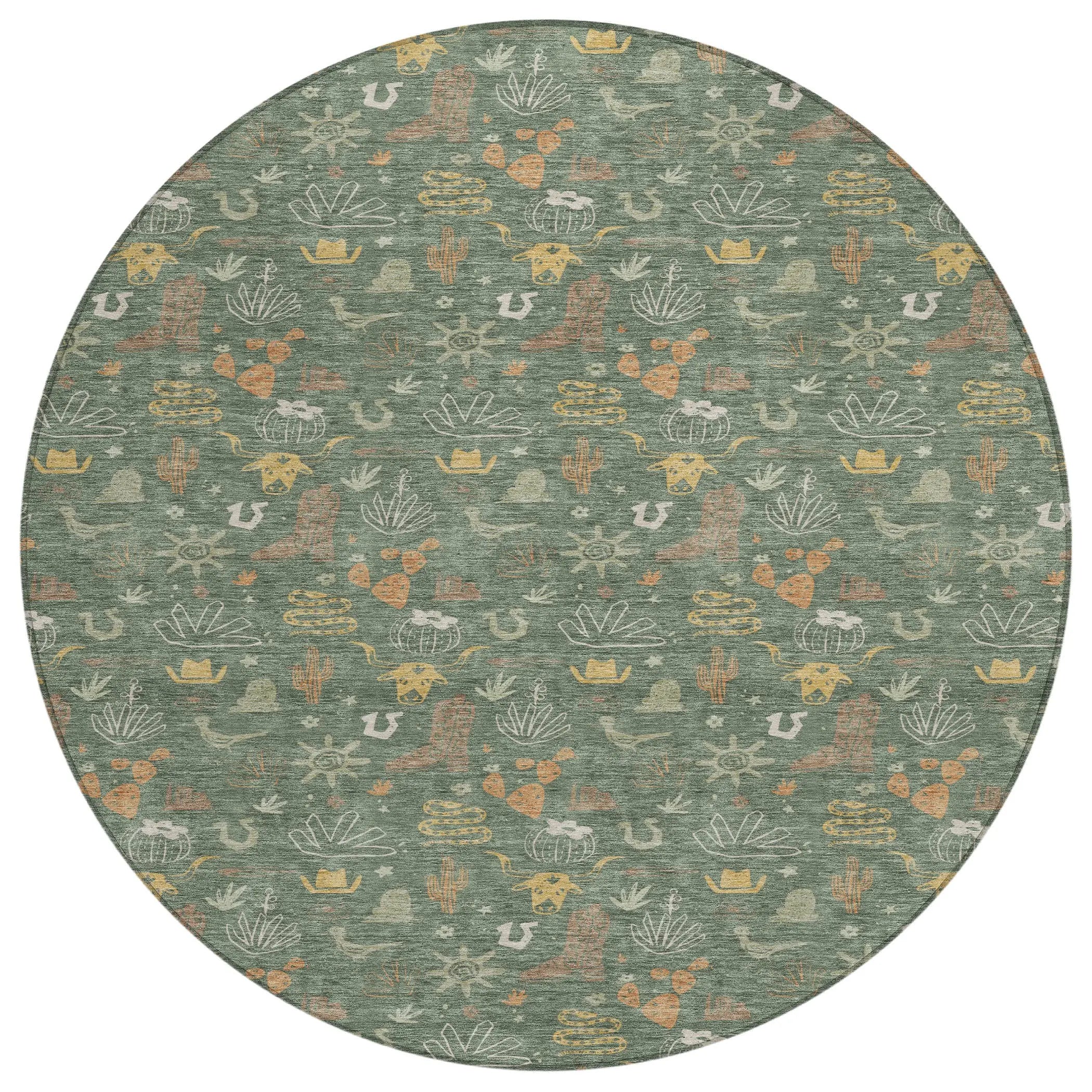 8' Green And Gold Round Cactus Washable Indoor Outdoor Area Rug Homeroots Outdoor