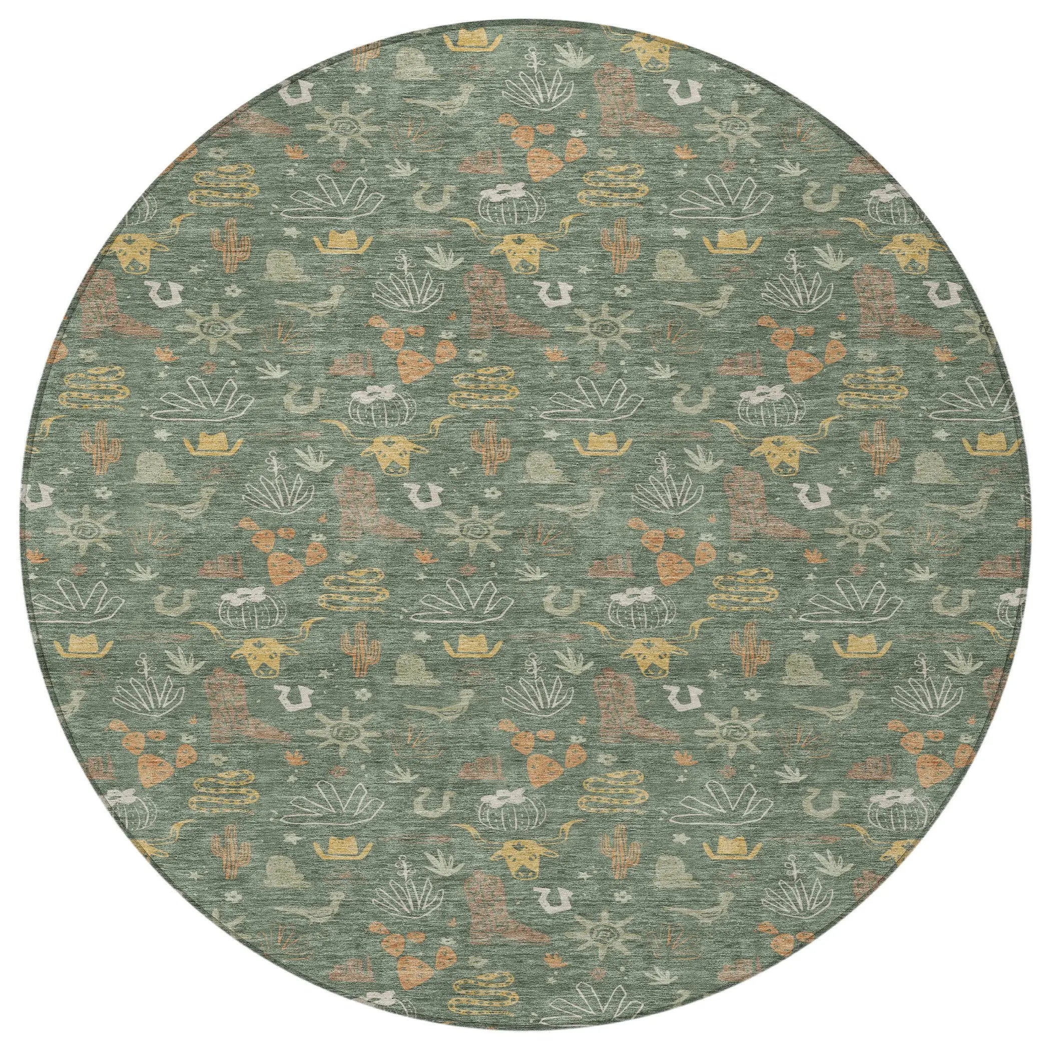 8' Green And Gold Round Cactus Washable Indoor Outdoor Area Rug Homeroots Outdoor