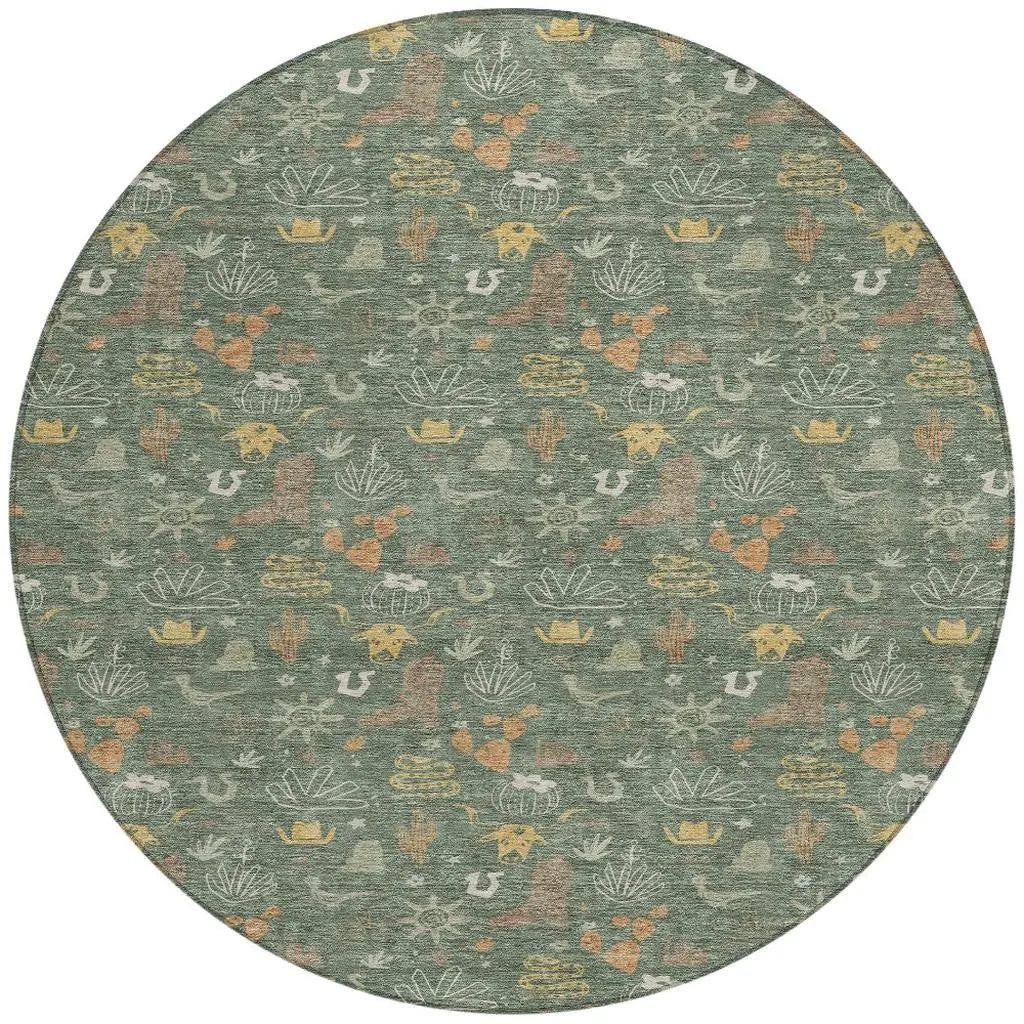 8' Green And Gold Round Cactus Washable Indoor Outdoor Area Rug Homeroots Outdoor