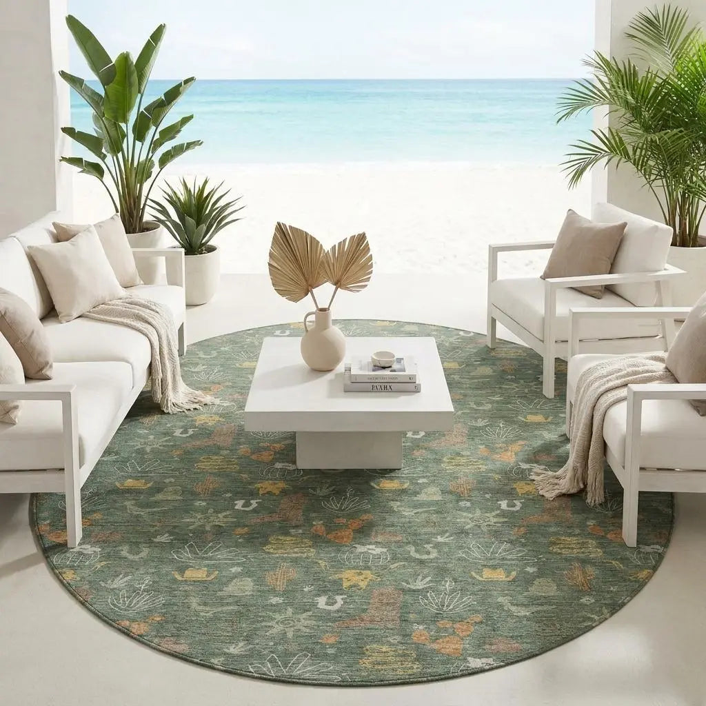 8' Green And Gold Round Cactus Washable Indoor Outdoor Area Rug Homeroots Outdoor