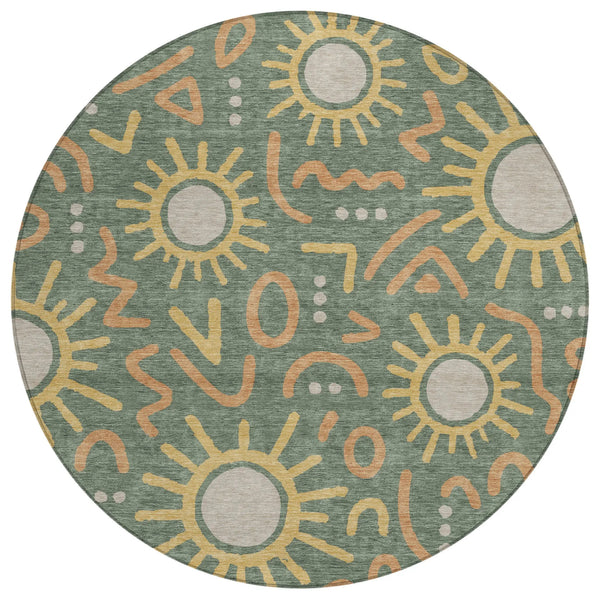 8' Green And Gold Round Geometric Washable Indoor Outdoor Area Rug Homeroots Outdoor