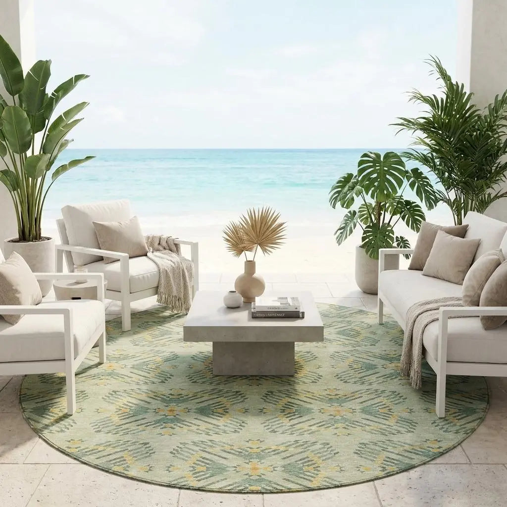 8' Green And Gold Round Geometric Washable Indoor Outdoor Area Rug Homeroots Outdoor