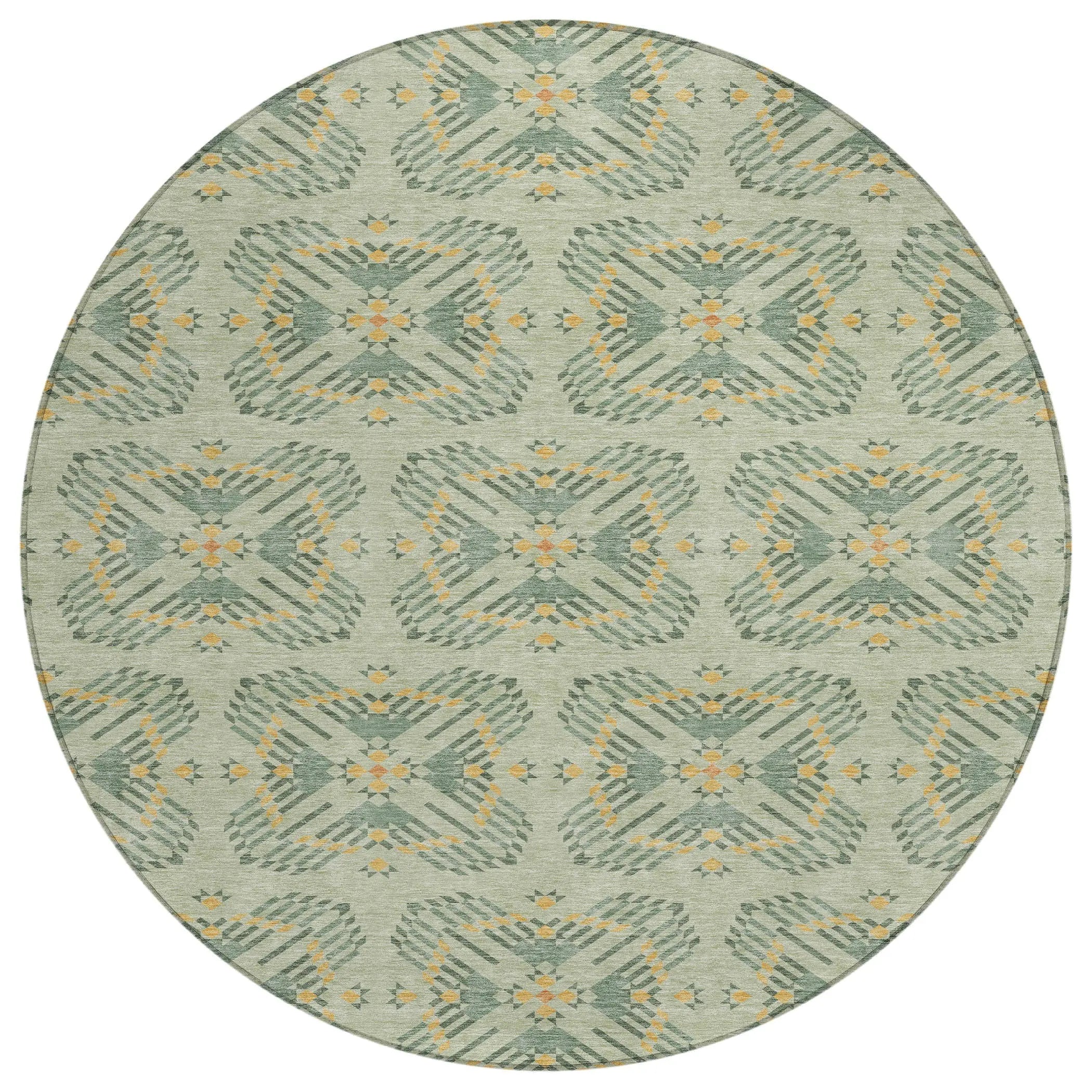 8' Green And Gold Round Geometric Washable Indoor Outdoor Area Rug Homeroots Outdoor