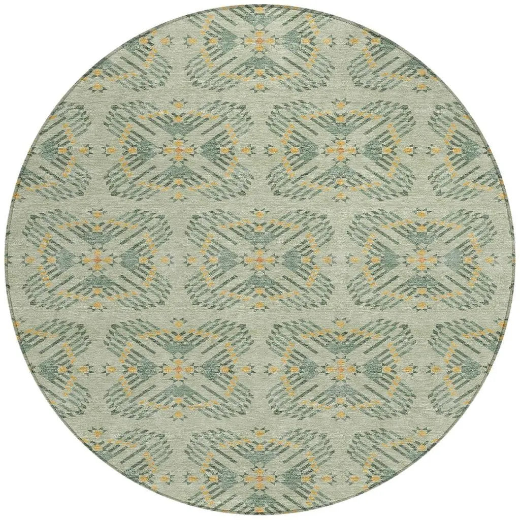 8' Green And Gold Round Geometric Washable Indoor Outdoor Area Rug Homeroots Outdoor