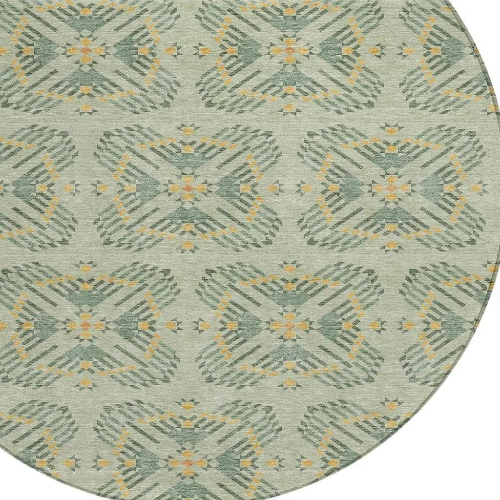 8' Green And Gold Round Geometric Washable Indoor Outdoor Area Rug Homeroots Outdoor