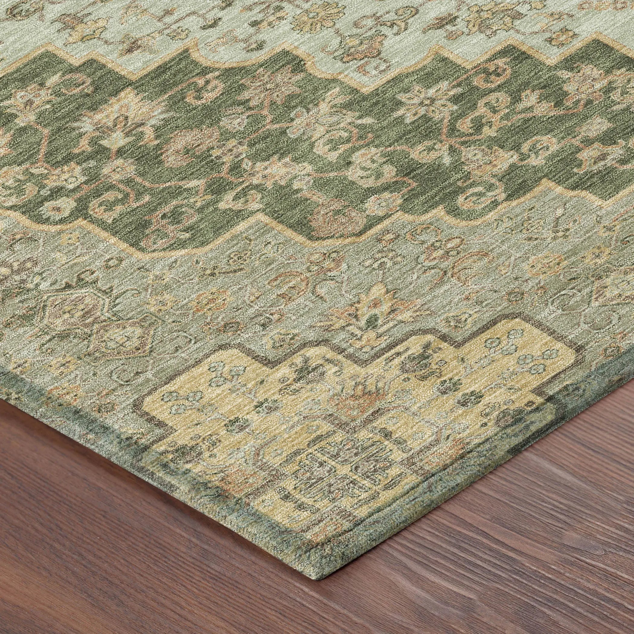 8' Green And Gold Round Medallion Washable Indoor Outdoor Area Rug Homeroots Outdoor