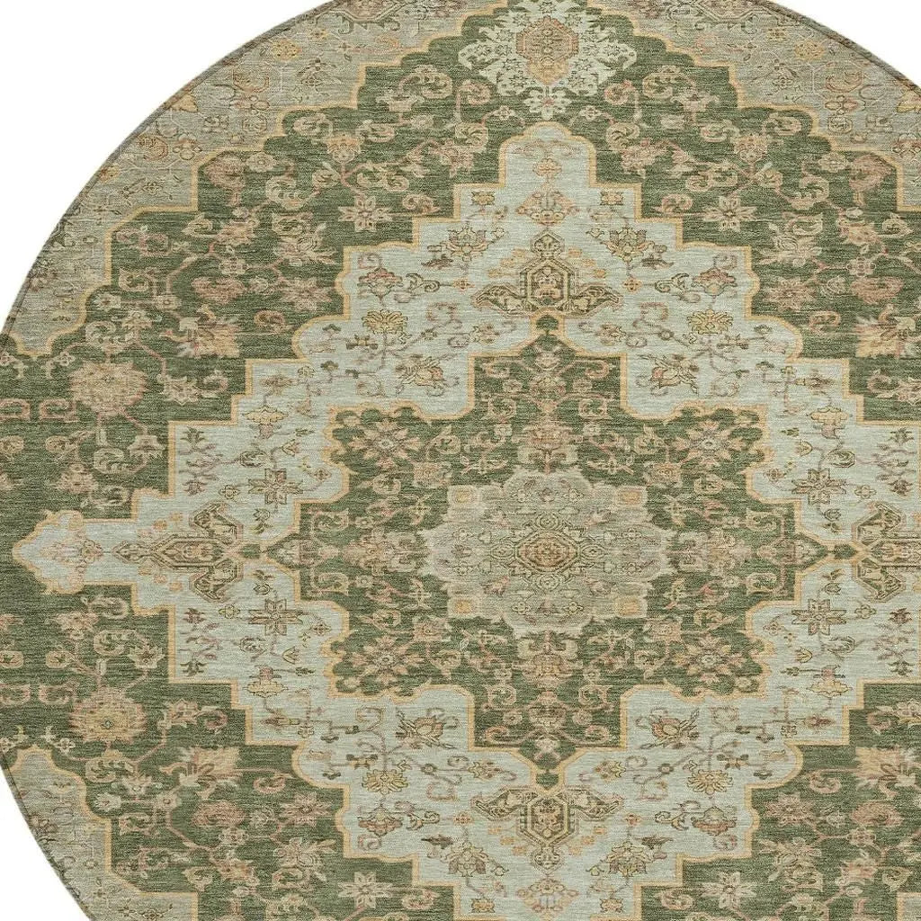 8' Green And Gold Round Medallion Washable Indoor Outdoor Area Rug Homeroots Outdoor