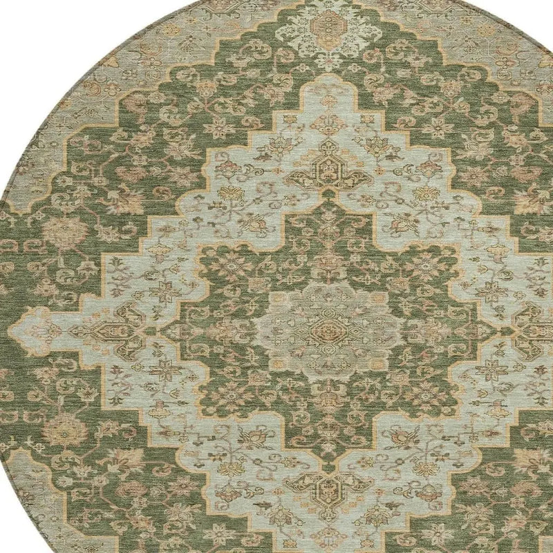 8' Green And Gold Round Medallion Washable Indoor Outdoor Area Rug Homeroots Outdoor