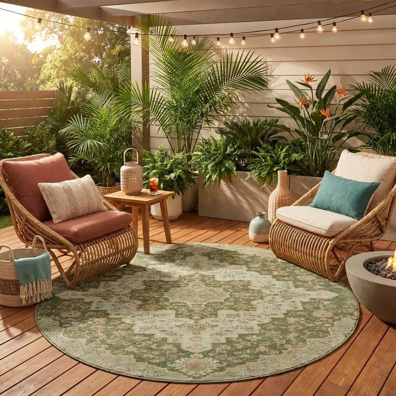 8' Green And Gold Round Medallion Washable Indoor Outdoor Area Rug Homeroots Outdoor