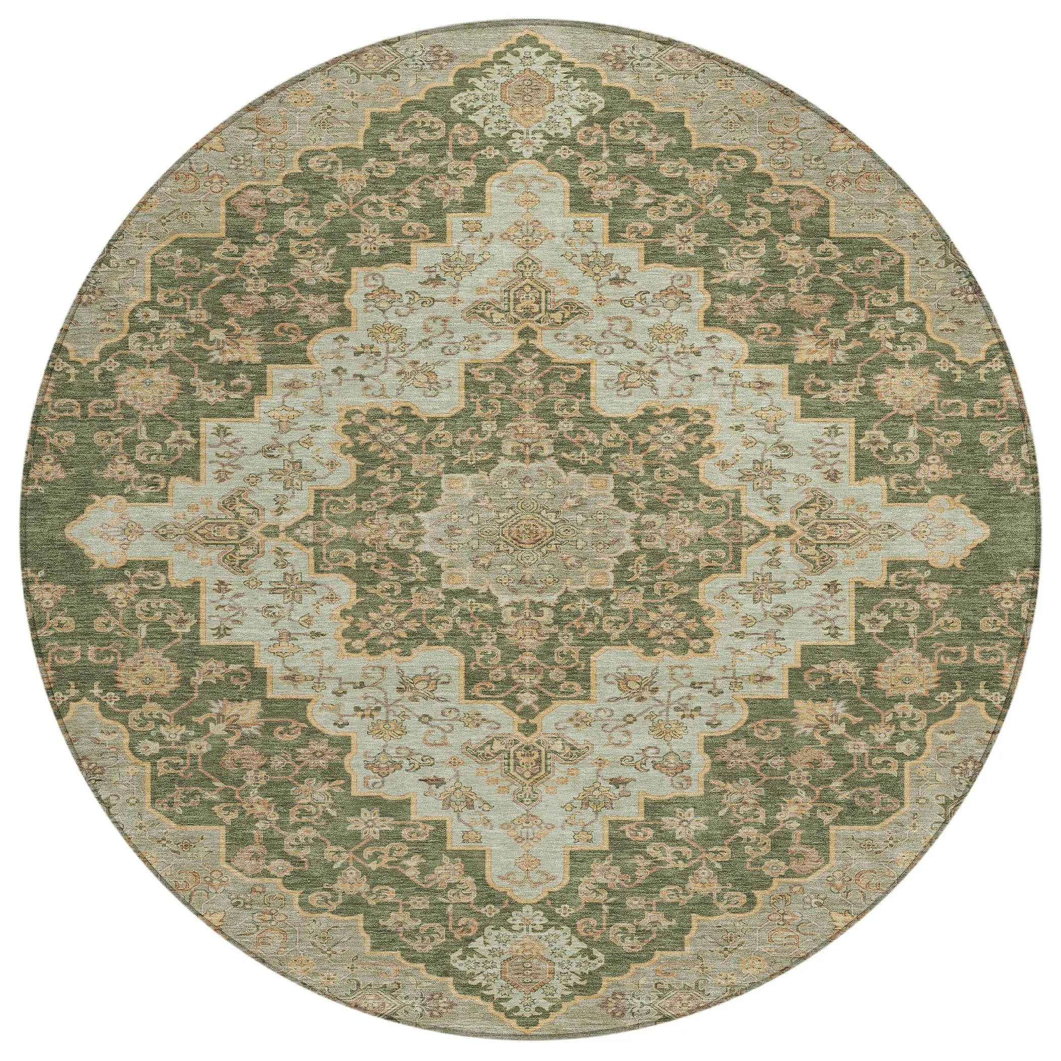 8' Green And Gold Round Medallion Washable Indoor Outdoor Area Rug Homeroots Outdoor