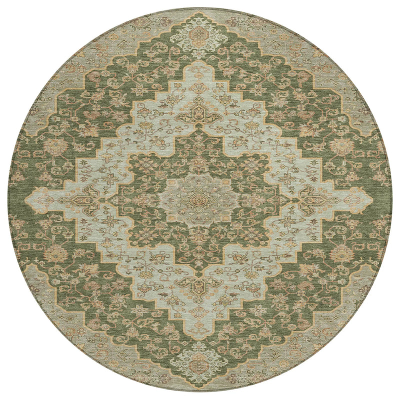 8' Green And Gold Round Medallion Washable Indoor Outdoor Area Rug Homeroots Outdoor