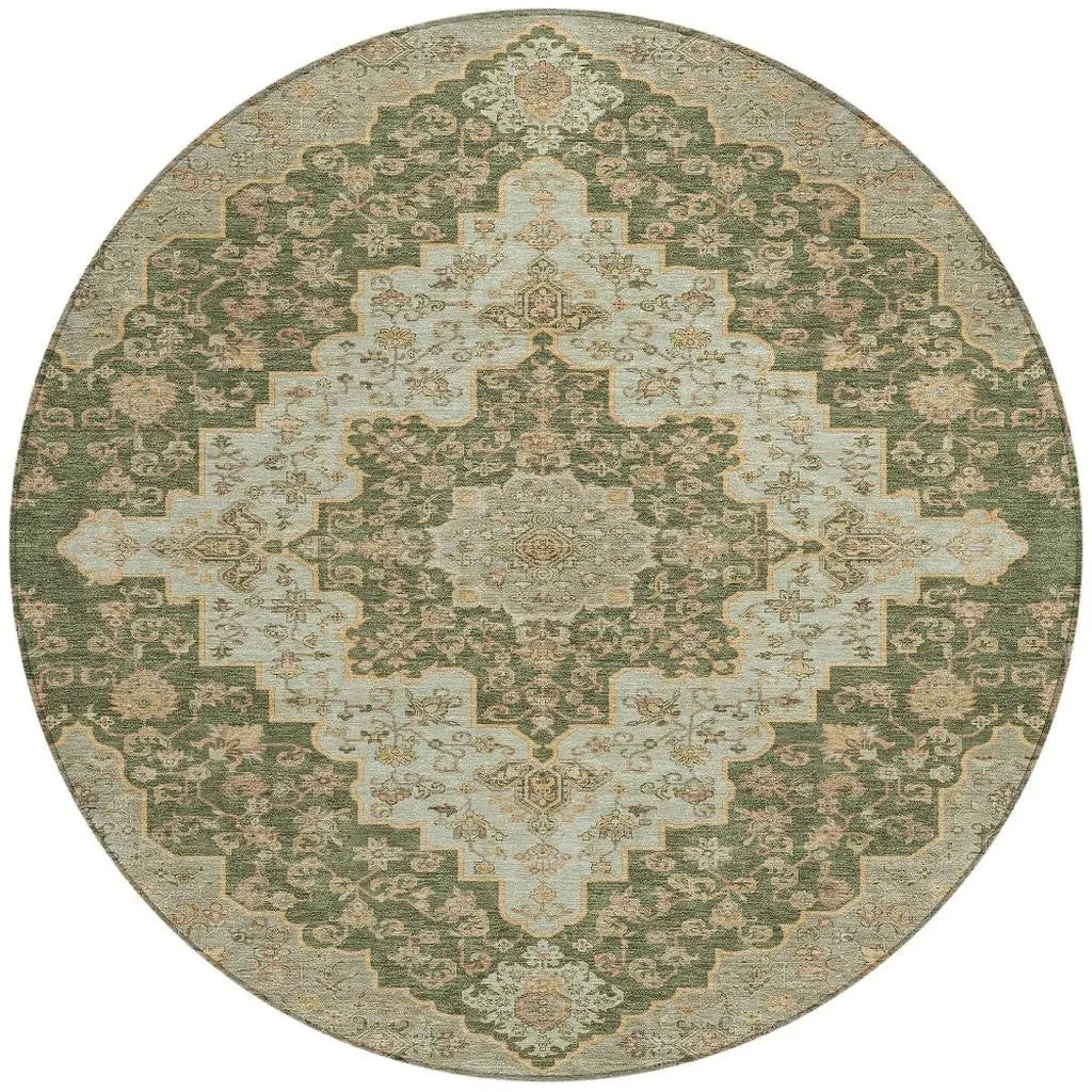8' Green And Gold Round Medallion Washable Indoor Outdoor Area Rug Homeroots Outdoor