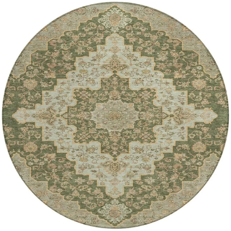 8' Green And Gold Round Medallion Washable Indoor Outdoor Area Rug Homeroots Outdoor