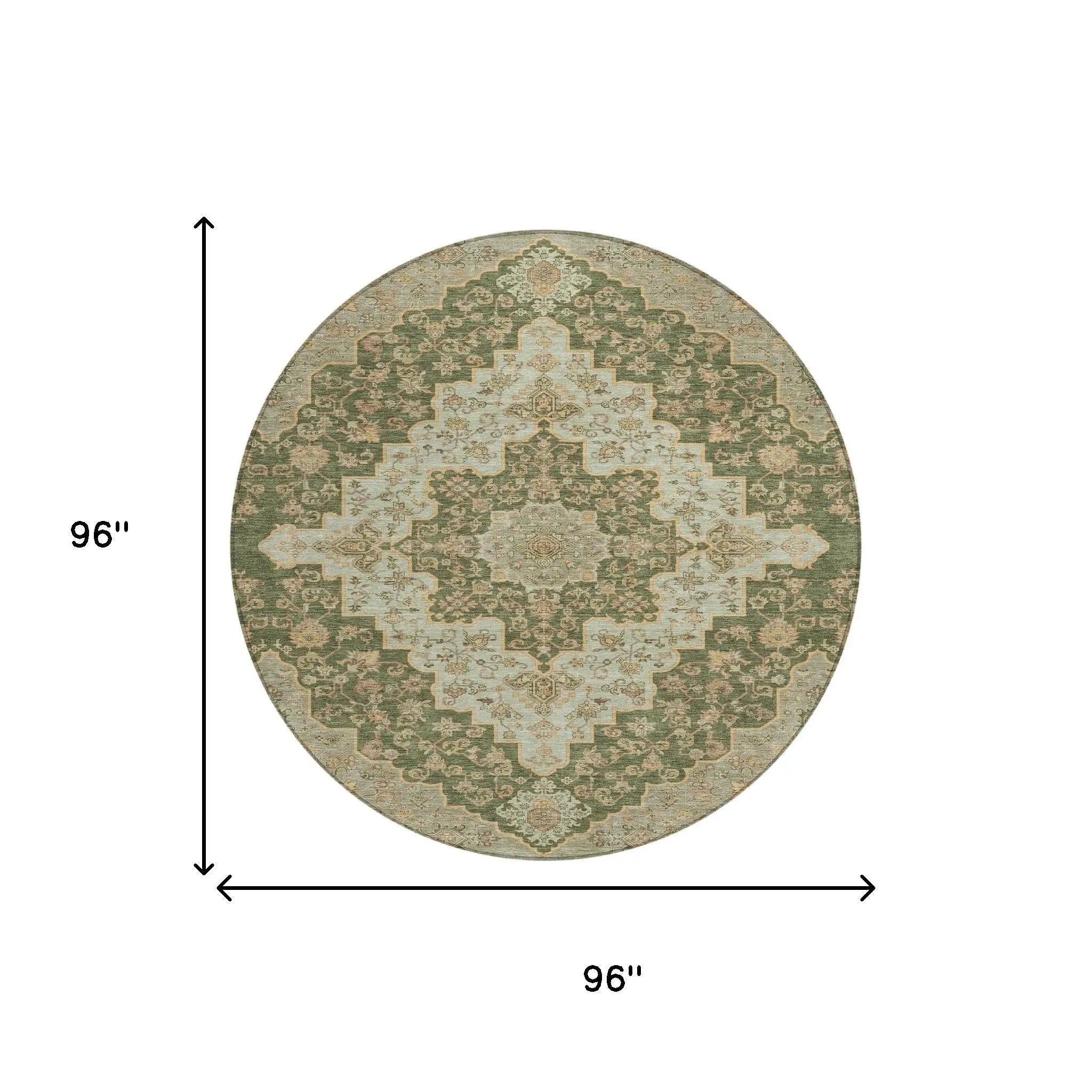 8' Green And Gold Round Medallion Washable Indoor Outdoor Area Rug Homeroots Outdoor