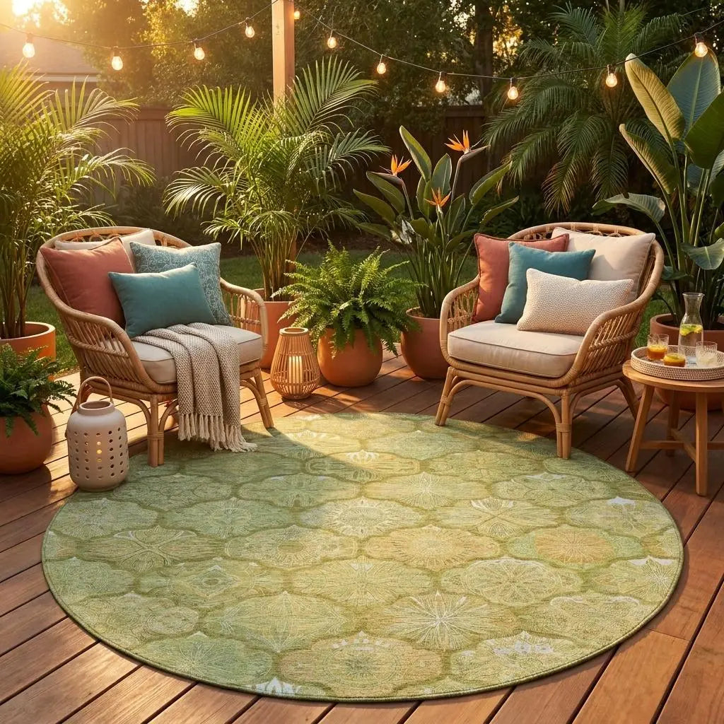 8' Green And Gold Round Ogee Washable Indoor Outdoor Area Rug Homeroots Outdoor
