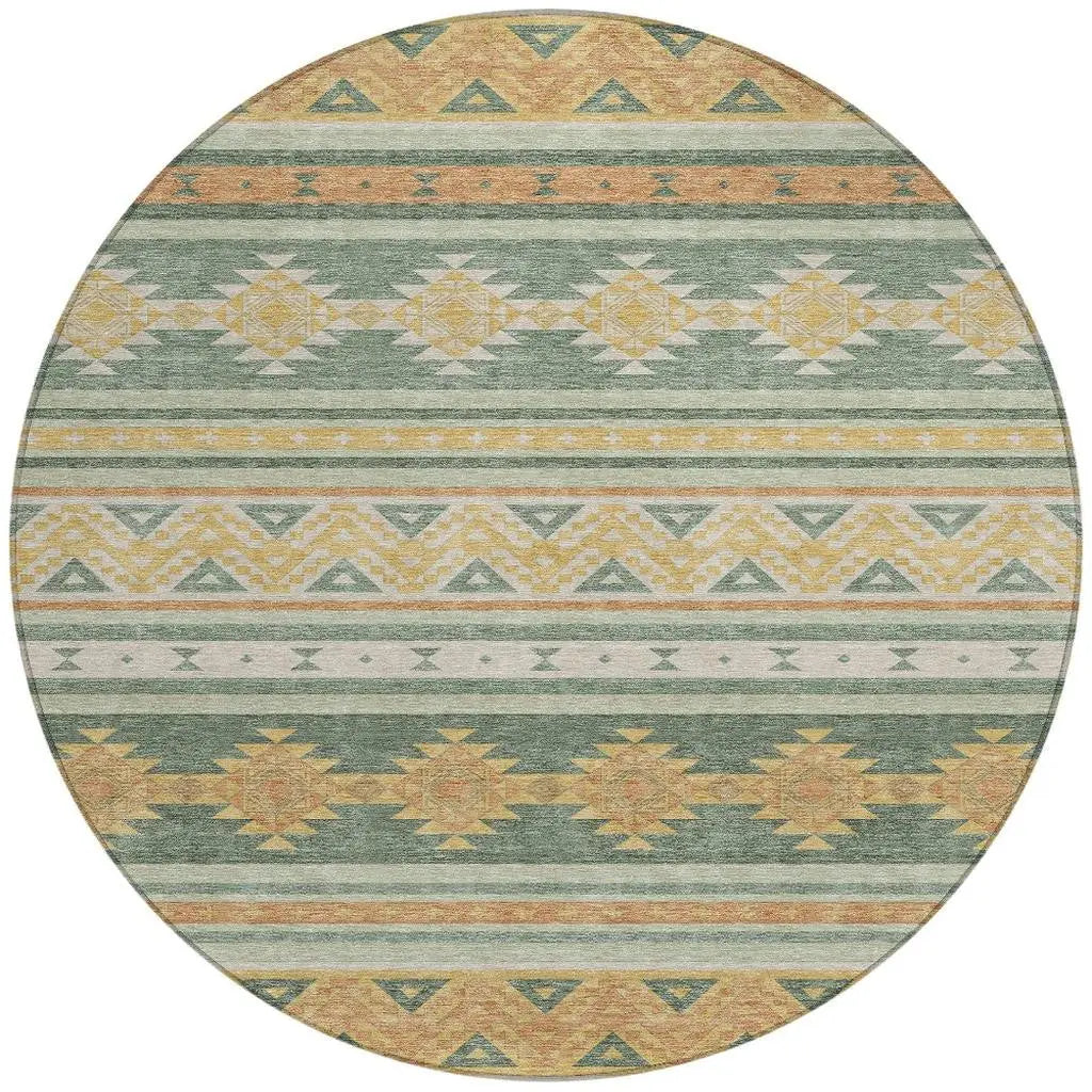 8' Green And Gold Round Southwestern Washable Indoor Outdoor Area Rug Homeroots Outdoor