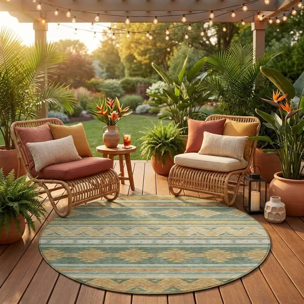 8' Green And Gold Round Southwestern Washable Indoor Outdoor Area Rug Homeroots Outdoor