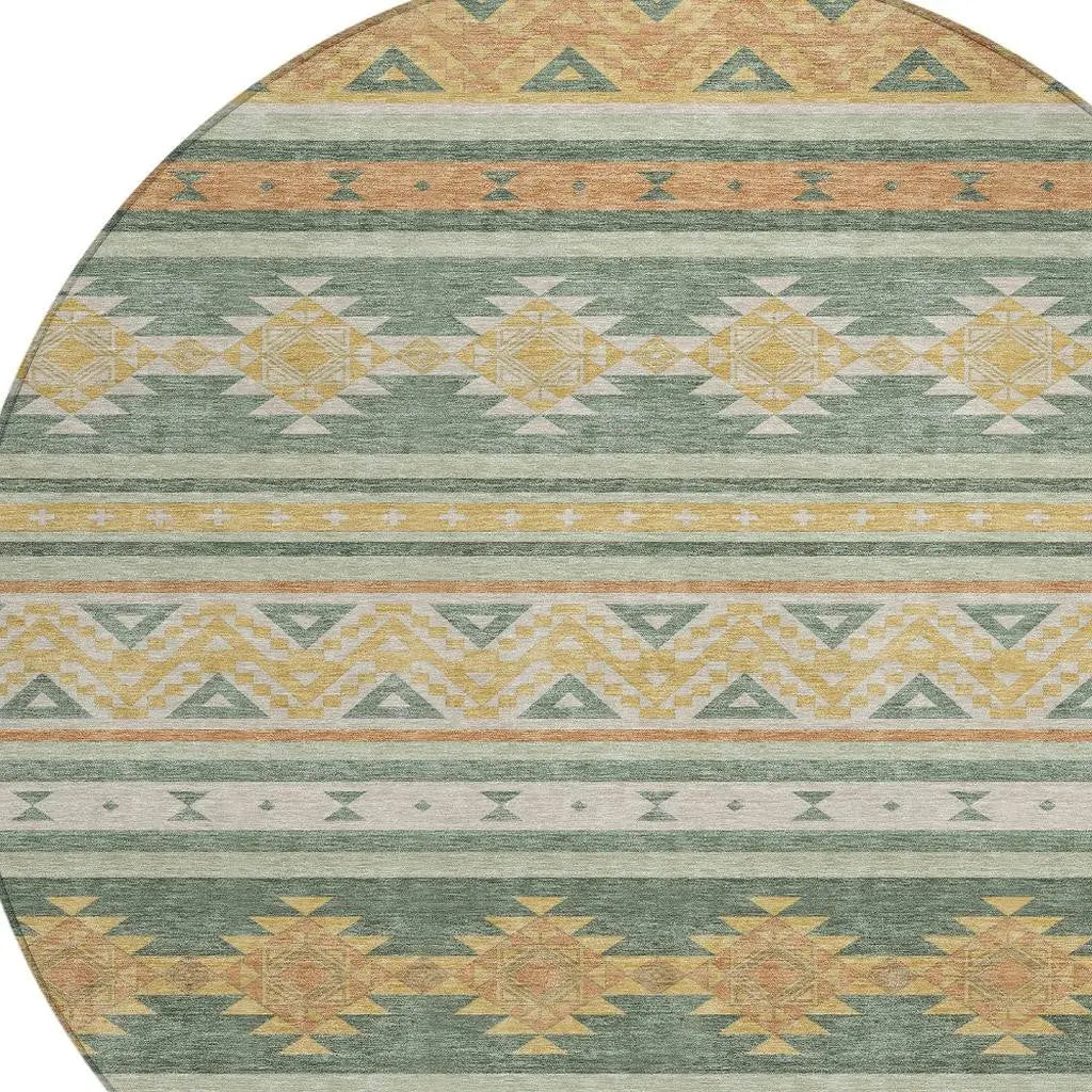 8' Green And Gold Round Southwestern Washable Indoor Outdoor Area Rug Homeroots Outdoor