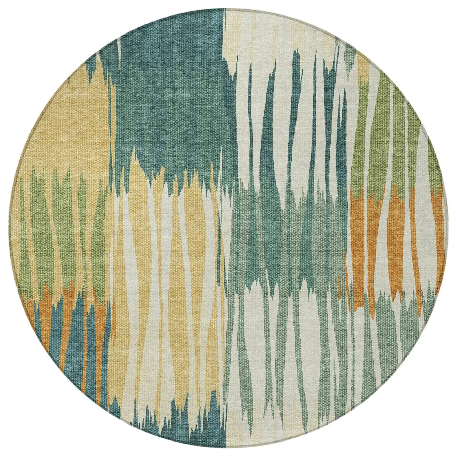8' Green And Gold Round Striped Washable Indoor Outdoor Area Rug Homeroots Outdoor