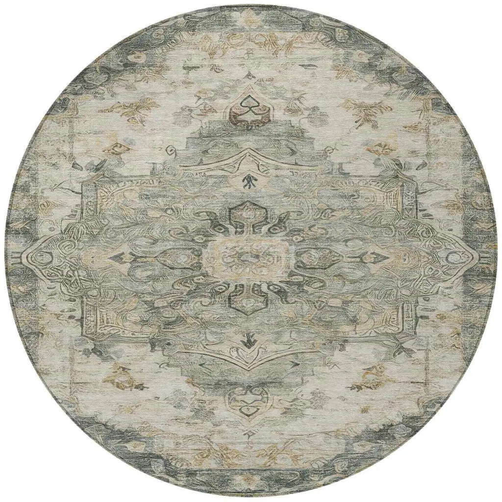 8' Green And Graphite Round Floral Medallion Washable Indoor Outdoor Area Rug Homeroots Outdoor