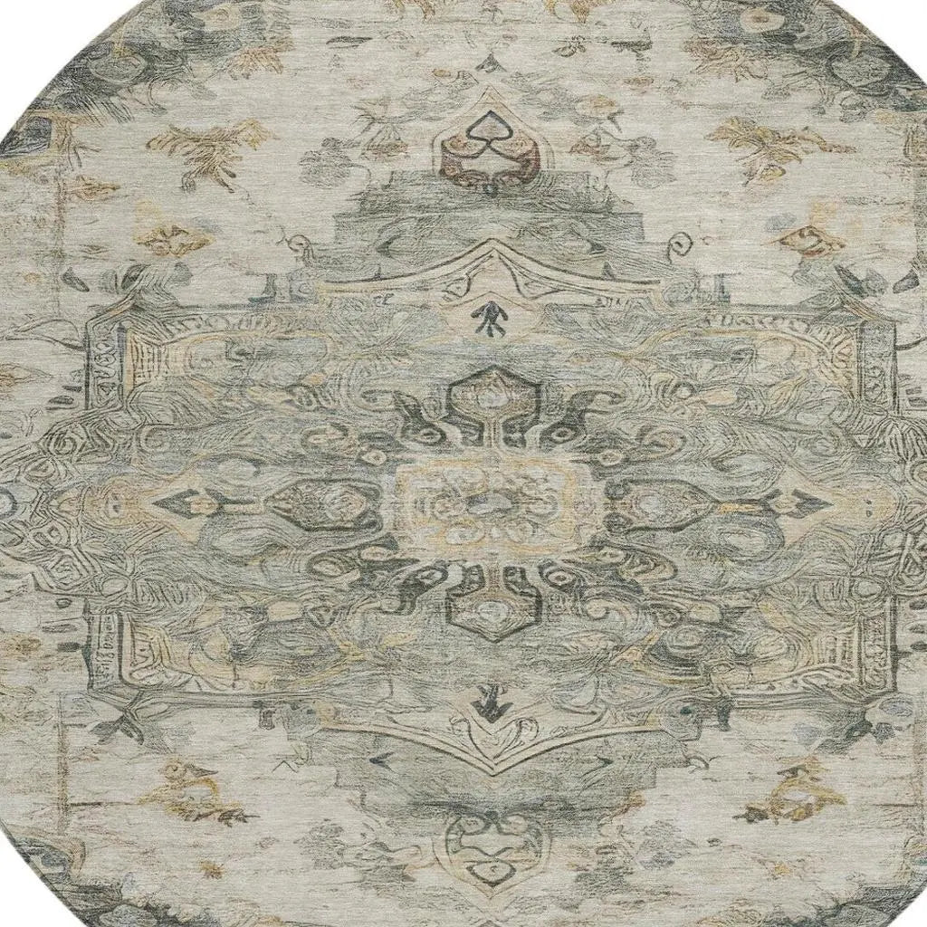 8' Green And Graphite Round Floral Medallion Washable Indoor Outdoor Area Rug Homeroots Outdoor