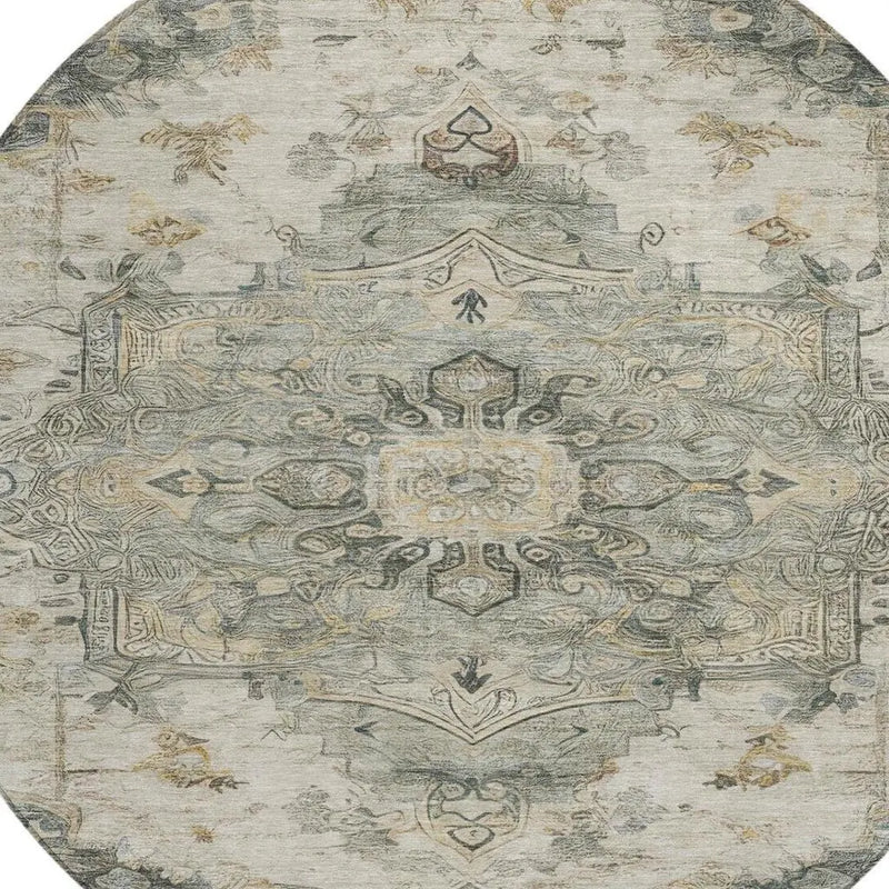 8' Green And Graphite Round Floral Medallion Washable Indoor Outdoor Area Rug Homeroots Outdoor