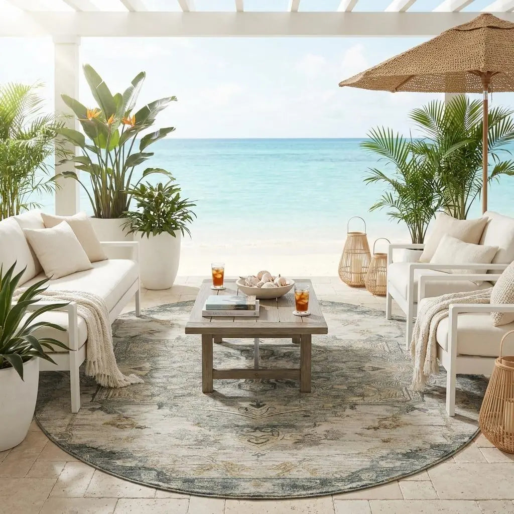 8' Green And Graphite Round Floral Medallion Washable Indoor Outdoor Area Rug Homeroots Outdoor