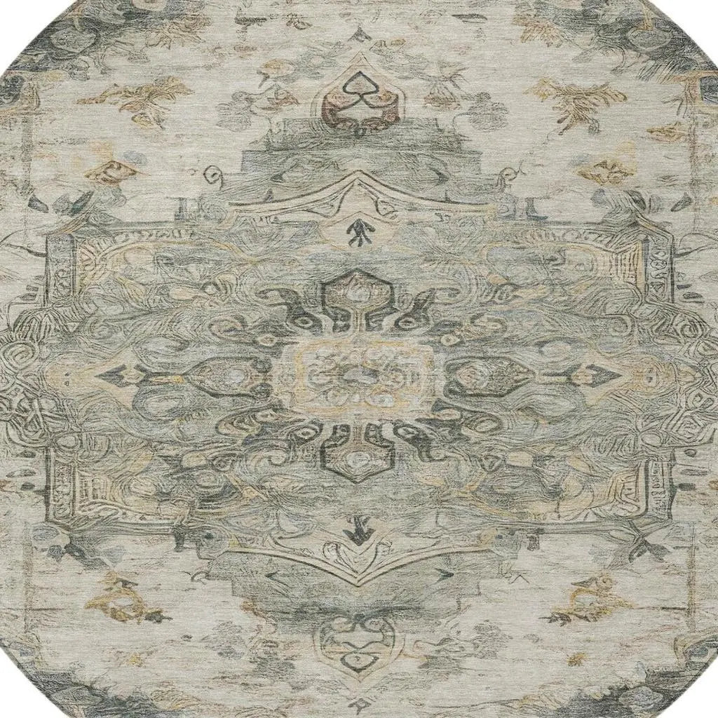 8' Green And Graphite Round Floral Medallion Washable Indoor Outdoor Area Rug Homeroots Outdoor
