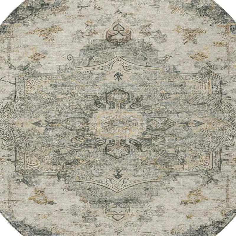 8' Green And Graphite Round Floral Medallion Washable Indoor Outdoor Area Rug Homeroots Outdoor